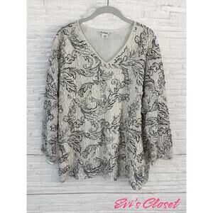 Bechamel Woman Long Sleeve Beige Floral Blouse Top Pullover Textured V-Neck 2X
